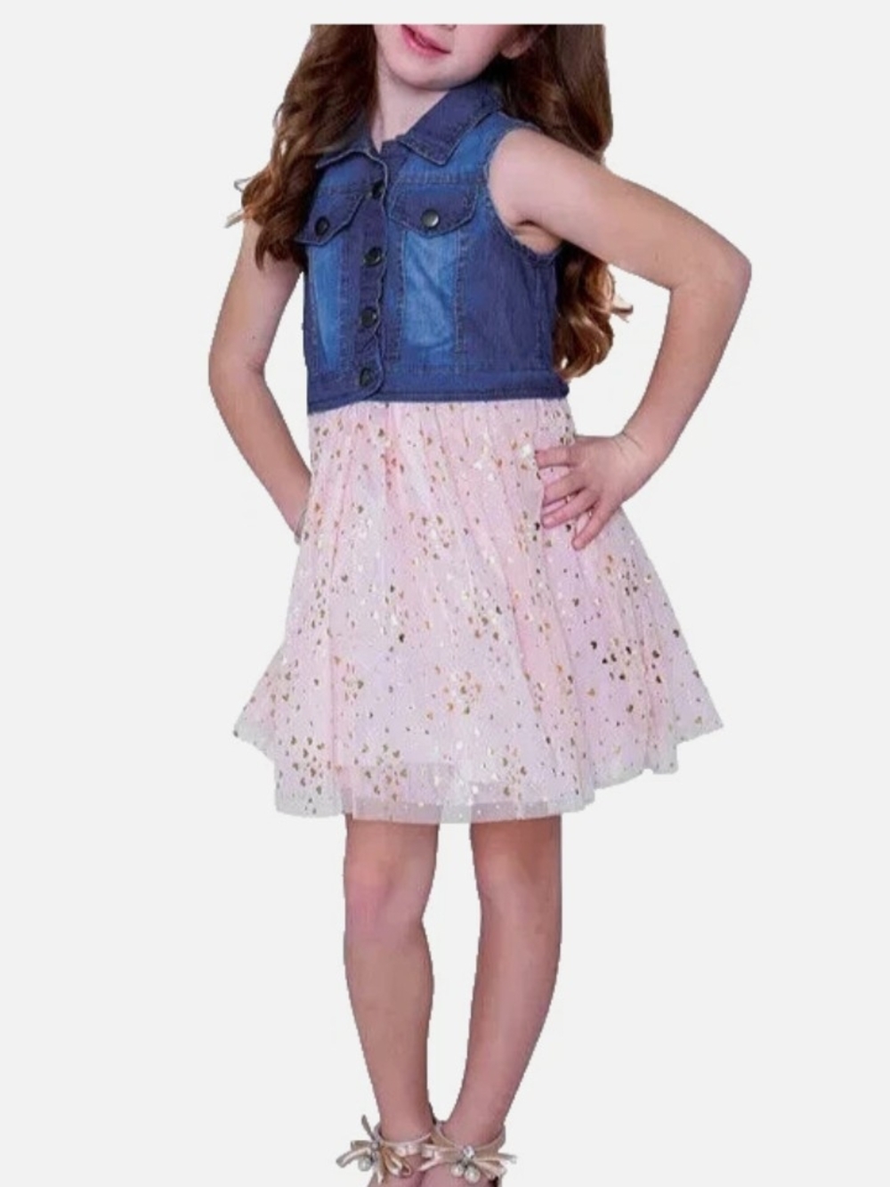Rare Editions Denim Bodice Pink Tulle Skirt with Gold Sparkle Heart Accents 🩷